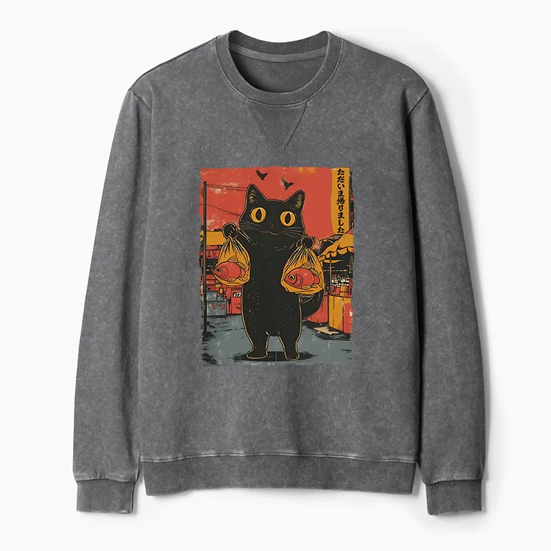 Tokyo-Tiger Cat Fishing Japanese Washed Terry Sweatshirt