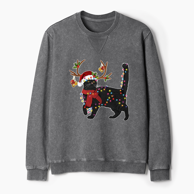 Tokyo-Tiger Christmas Black Cat Washed Terry Sweatshirt