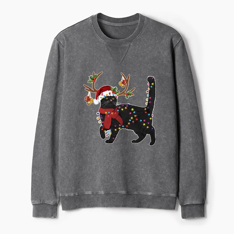 Tokyo-Tiger Christmas Black Cat Washed Terry Sweatshirt