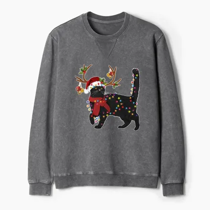 Tokyo-Tiger Christmas Black Cat Washed Terry Sweatshirt