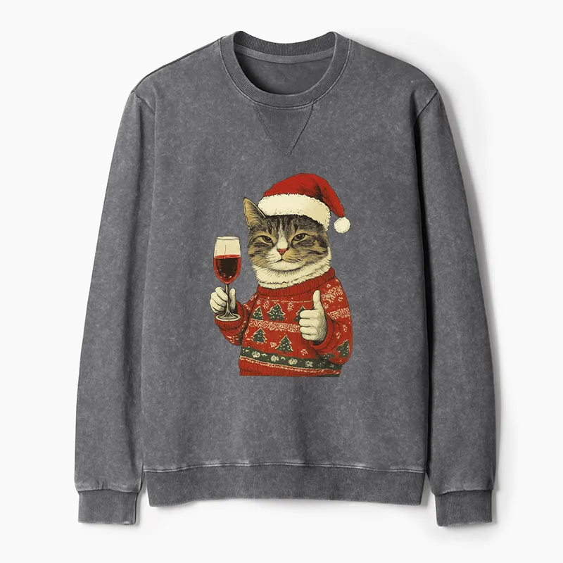 Tokyo-Tiger Christmas Cat Likes Washed Terry Sweatshirt
