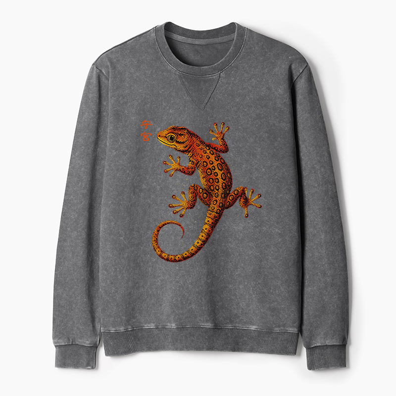Tokyo-Tiger Retro Gecko Funny Washed Terry Sweatshirt