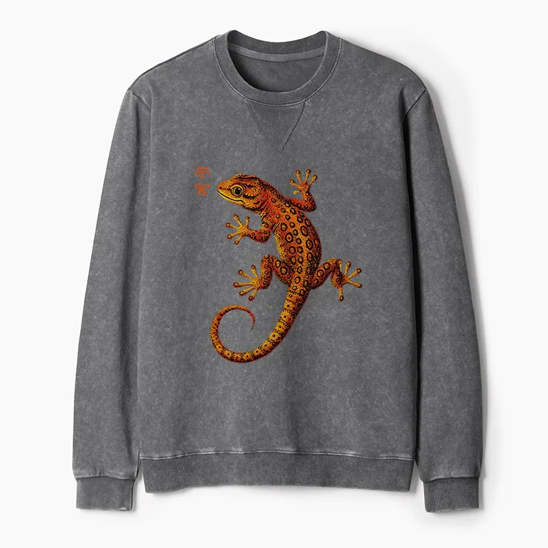 Tokyo-Tiger Retro Gecko Funny Washed Terry Sweatshirt