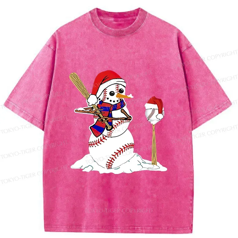 Tokyo-Tiger Snowman Playing Baseball Washed T-Shirt