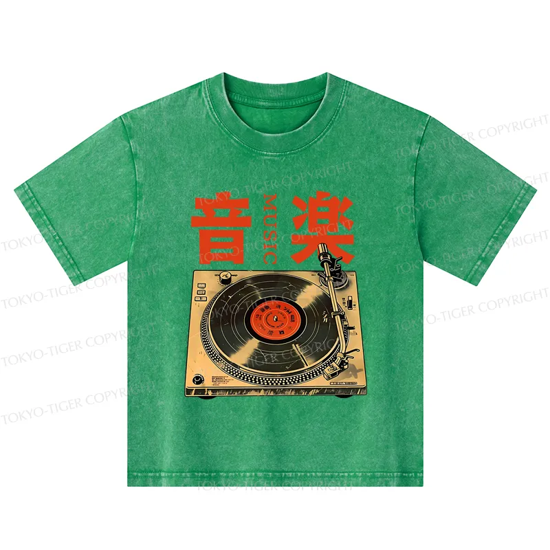 Tokyo-Tiger Retro Music Record Player Kids Washed T-Shirt