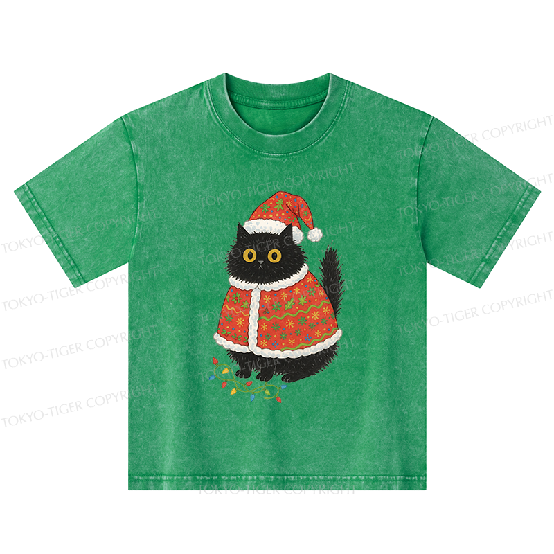 Tokyo-Tiger Cat Wearing Santa Hat Kids Washed T-Shirt