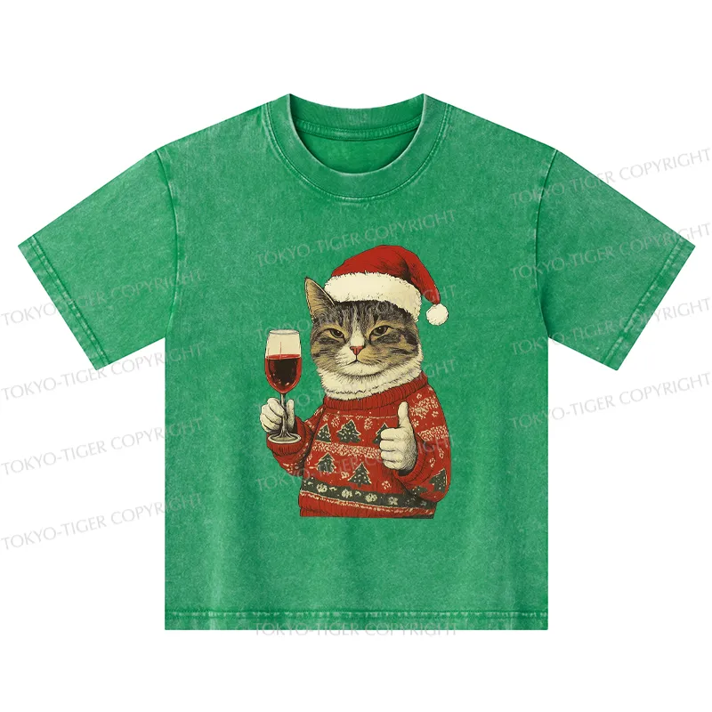Tokyo-Tiger Christmas Cat Likes Kids Washed T-Shirt