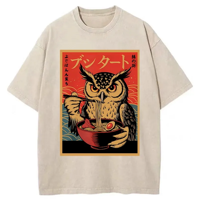 Tokyo-Tiger Ramen Lover Owl Washed T-Shirt