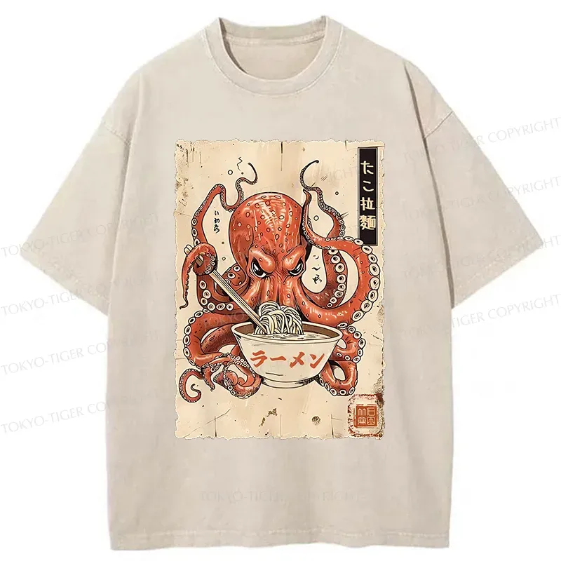 Tokyo-Tiger Retro Octopus Eating Ramen Washed T-Shirt