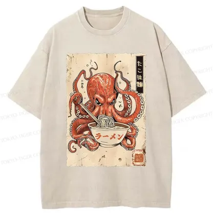 Tokyo-Tiger Retro Octopus Eating Ramen Washed T-Shirt