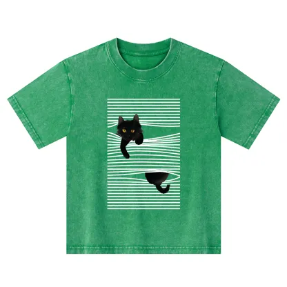 Tokyo-Tiger Cat Scratching Curtain Kids Washed T-Shirt
