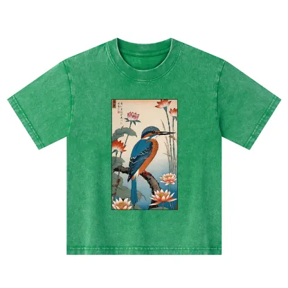 Tokyo-Tiger Ukiyo-e Kingfisher Kids Washed T-Shirt
