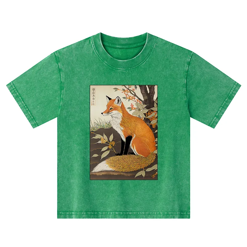 Tokyo-Tiger Ukiyo-e Fox Kids Washed T-Shirt