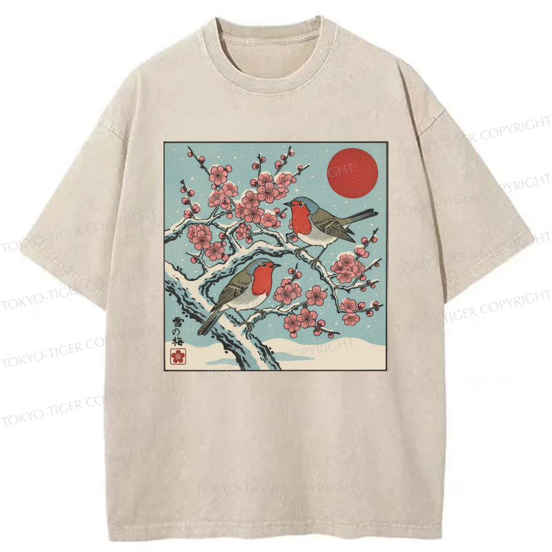 Tokyo-Tiger Winter Blossoms And Feathered Melodies Washed T-Shirt