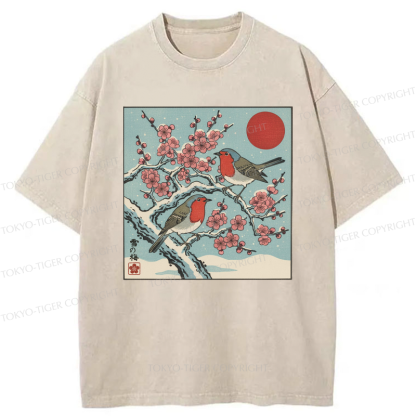 Tokyo-Tiger Winter Blossoms And Feathered Melodies Washed T-Shirt