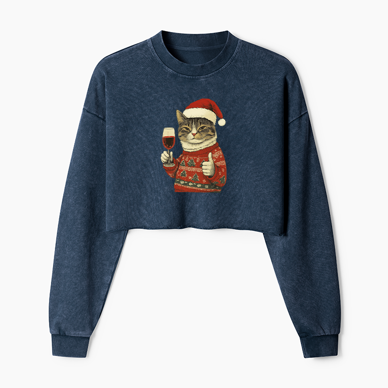 Tokyo-Tiger Christmas Cat Likes Washed Crop Sweatshirt