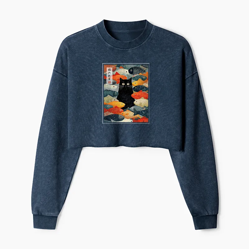 Tokyo-Tiger The Cat's Feast of Fish Washed Crop Sweatshirt