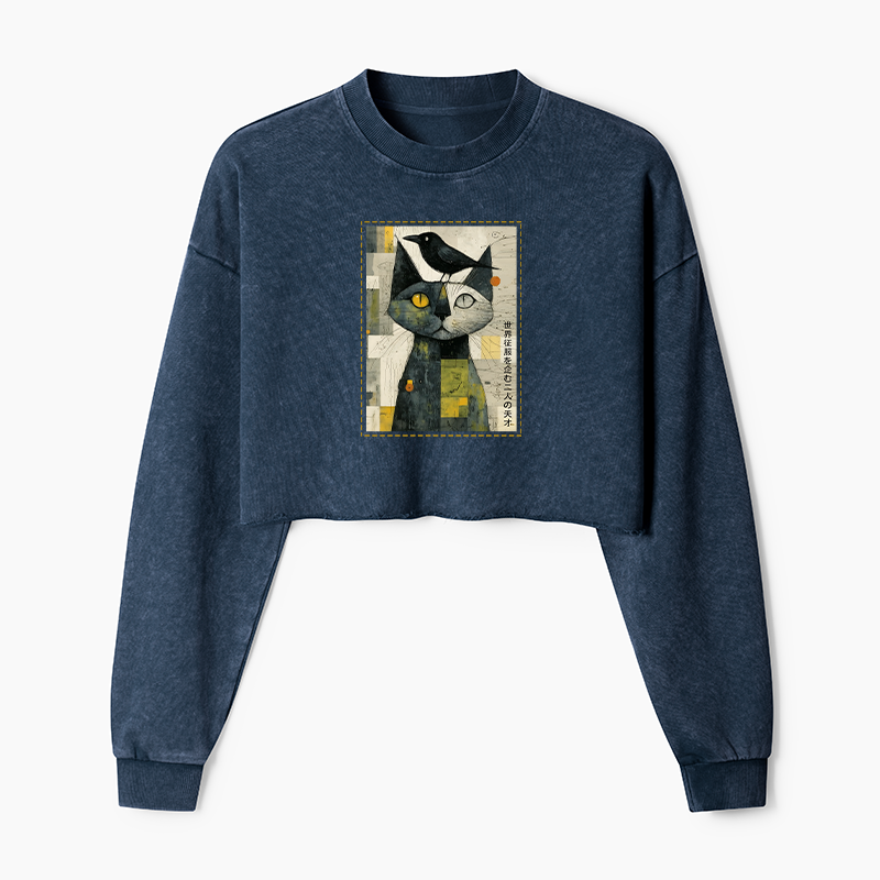 Tokyo-Tiger The Cat And The Crow Are Planning To Rule The World Washed Crop Sweatshirt
