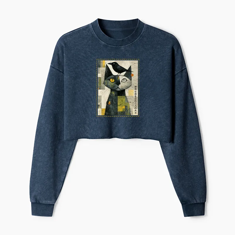 Tokyo-Tiger The Cat And The Crow Are Planning To Rule The World Washed Crop Sweatshirt