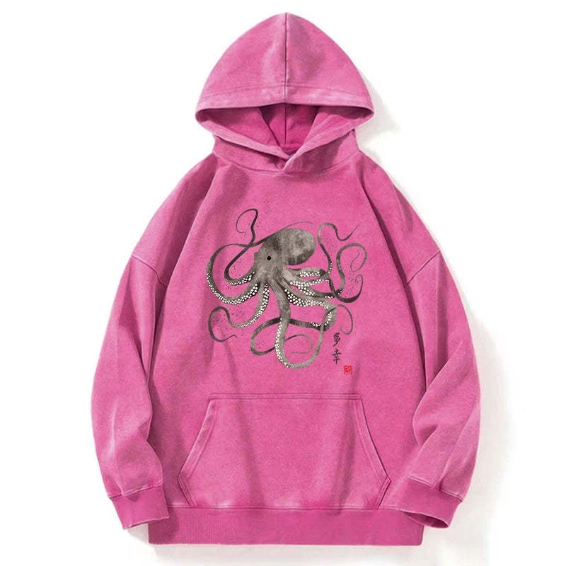 Tokyo-Tiger Octopus Japanese Calligraphy Washed Hoodie