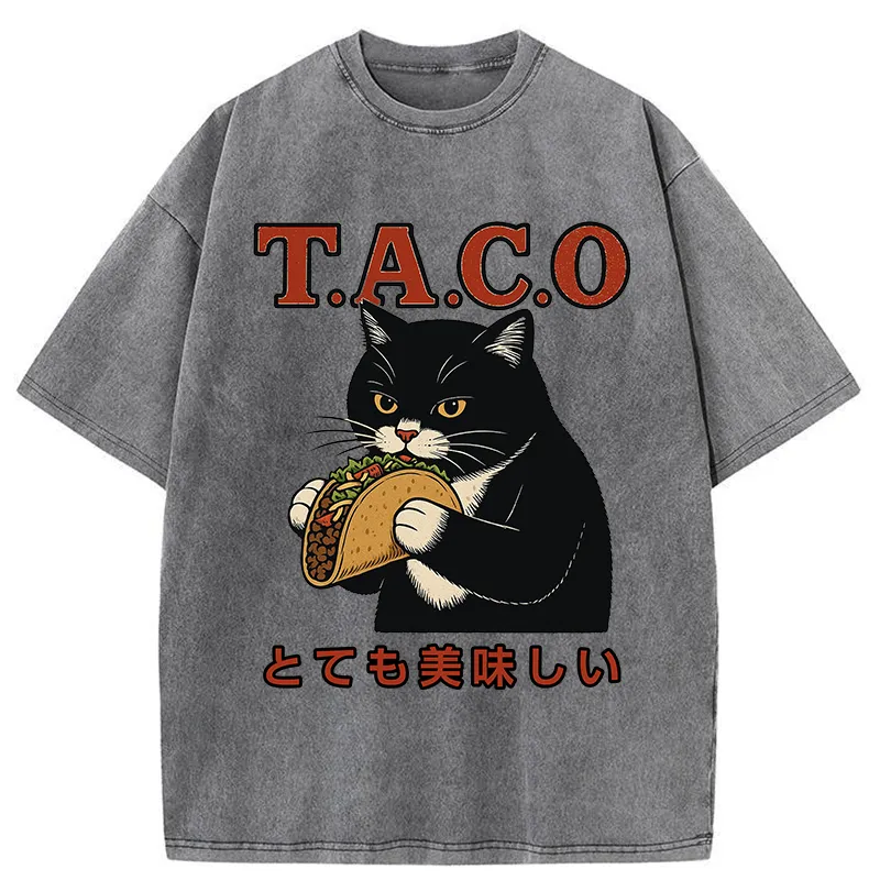 Tokyo-Tiger Cat Eating Taco Washed T-Shirt
