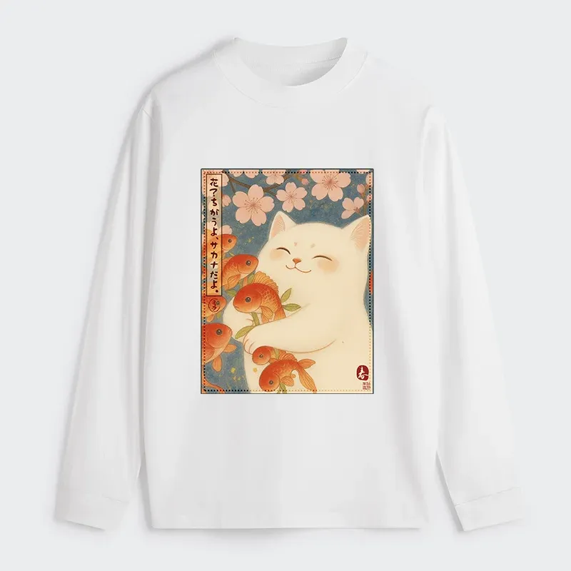 Tokyo-Tiger Funny Ukiyoe Cat and Fish Flower Classic Long Sleeve T-Shirt