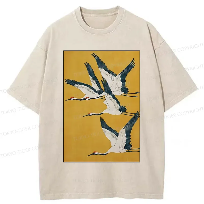 Tokyo-Tiger Vintage Cranes Painting Washed T-Shirt
