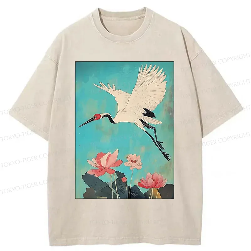 Tokyo-Tiger Crane And Lotus Japan Washed T-Shirt