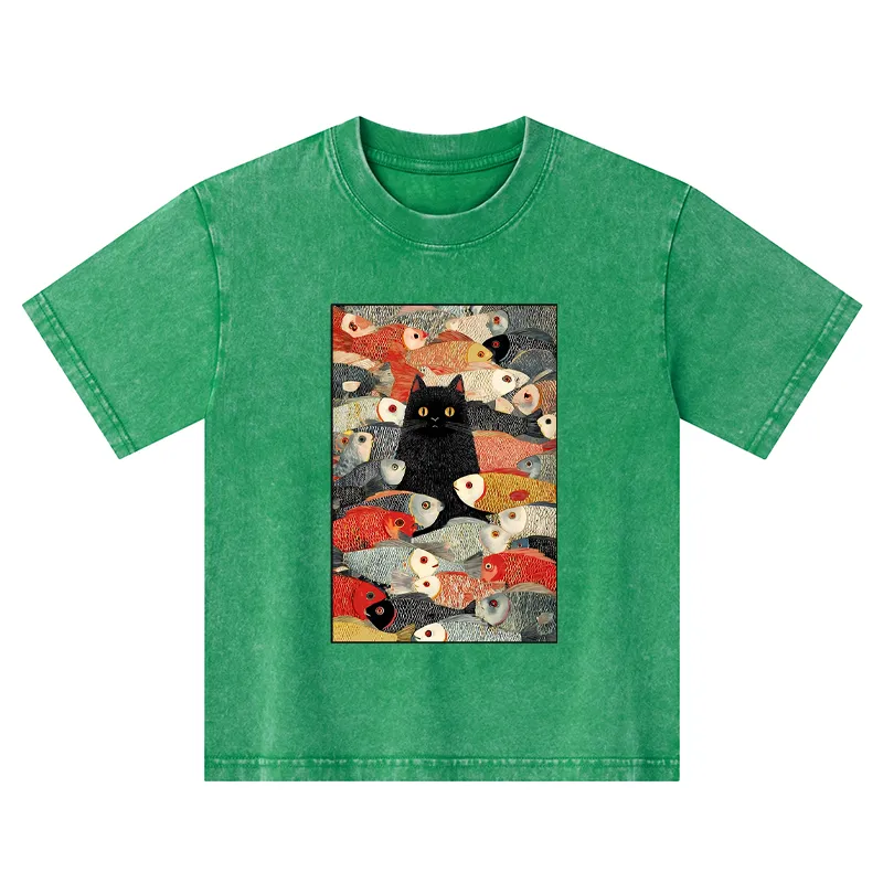Tokyo-Tiger Cats And Fish Kids Washed T-Shirt