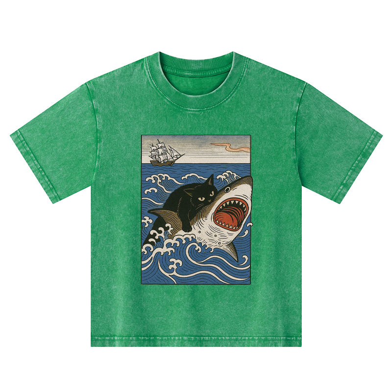 Tokyo-Tiger Cat Hunting Shark Kids Washed T-Shirt