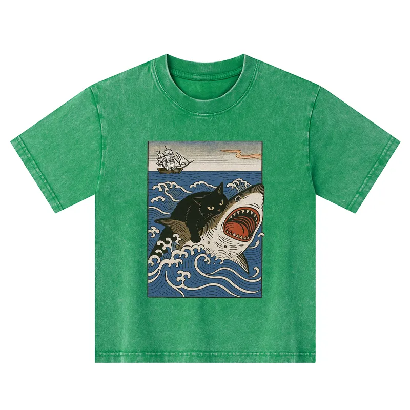 Tokyo-Tiger Cat Hunting Shark Kids Washed T-Shirt