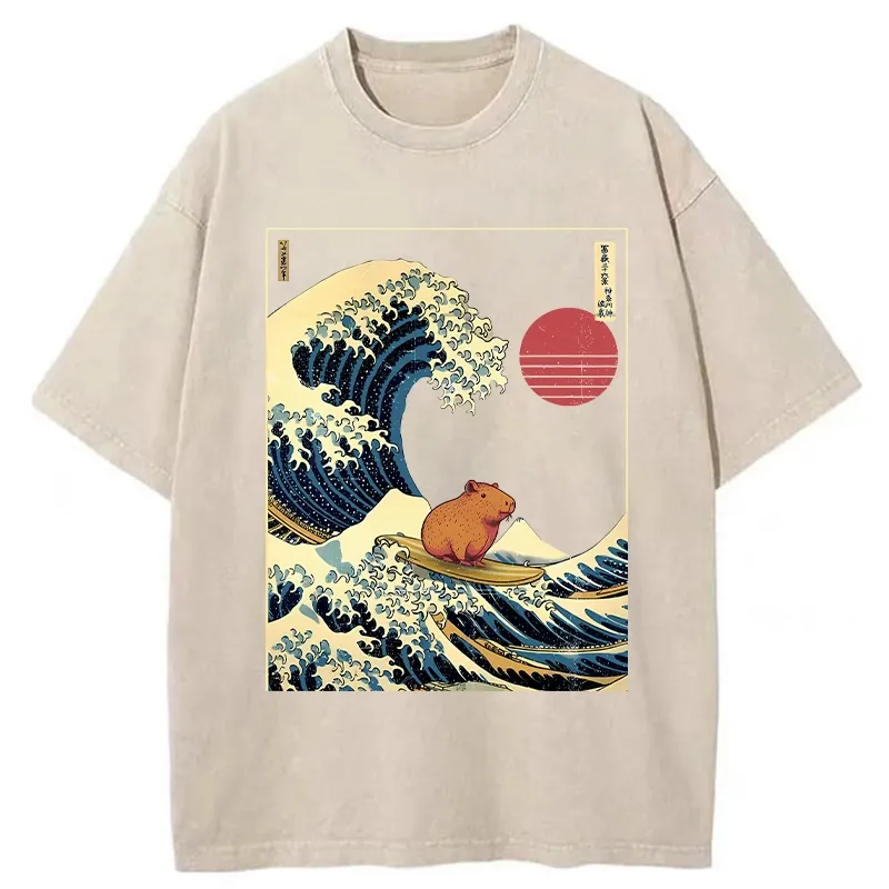 Tokyo-Tiger Capybara Surfing Washed T-Shirt
