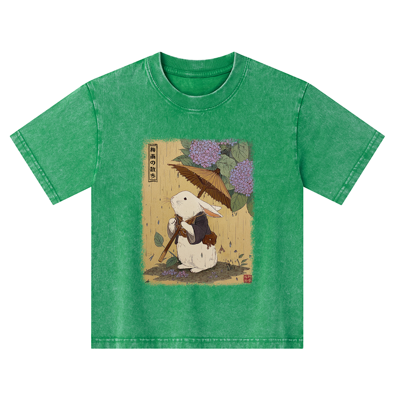 Tokyo-Tiger Ukiyoe Rainy Stroll Bunny Kids Washed T-Shirt