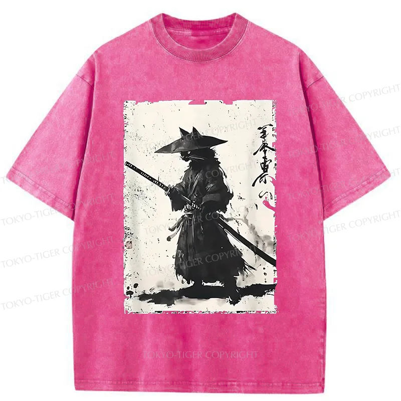 Tokyo-Tiger Handsome Cat Japanese Samurai Washed T-Shirt