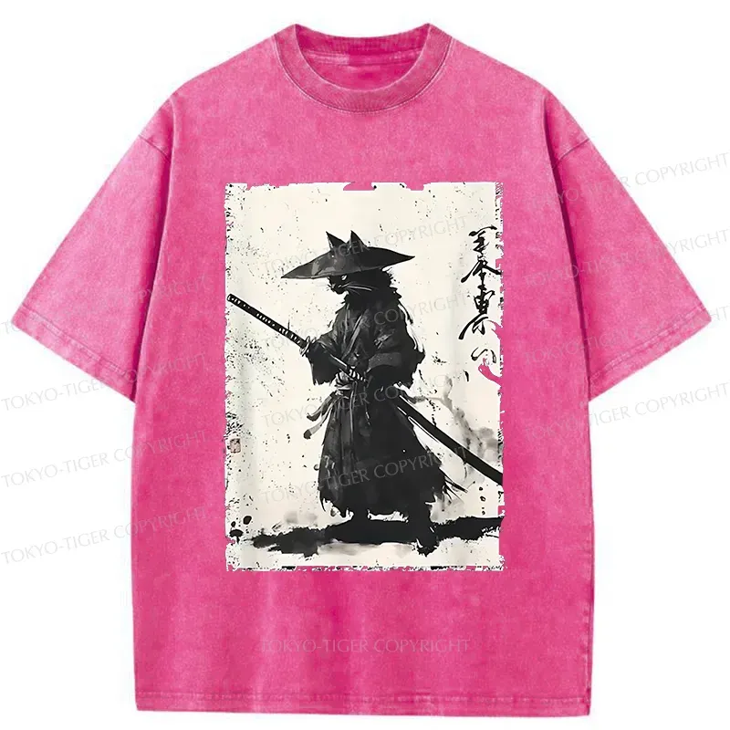Tokyo-Tiger Handsome Cat Japanese Samurai Washed T-Shirt