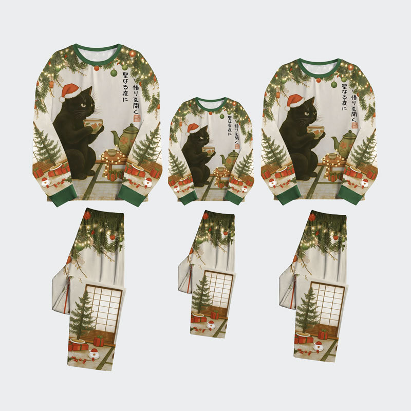 Tokyo-Tiger Tea Time With A Black Cat Family Pajama Sets
