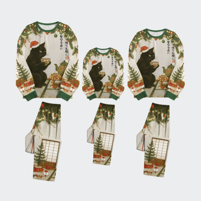 Tokyo-Tiger Tea Time With A Black Cat Family Pajama Sets