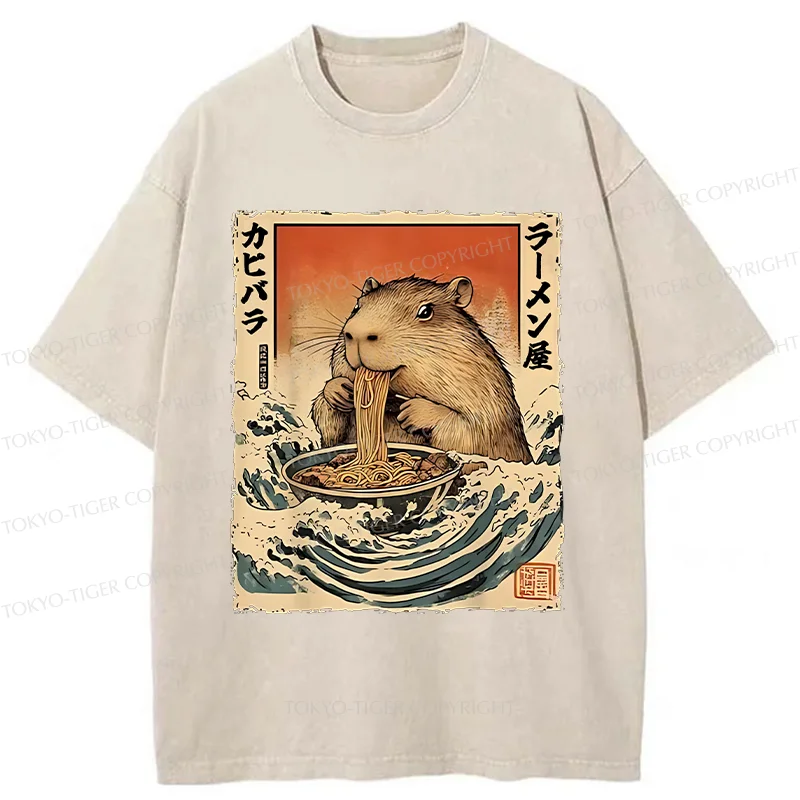 Tokyo-Tiger Hamster Eating Ramen Washed T-Shirt