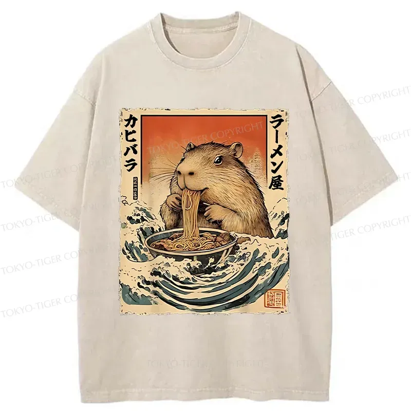 Tokyo-Tiger Hamster Eating Ramen Washed T-Shirt