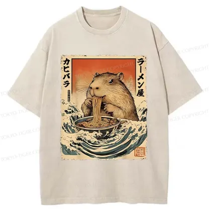 Tokyo-Tiger Hamster Eating Ramen Washed T-Shirt