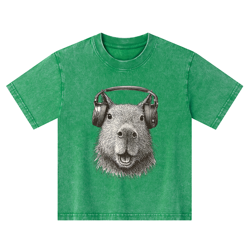 Tokyo-Tiger Capybara Listening To Music Kids Washed T-Shirt
