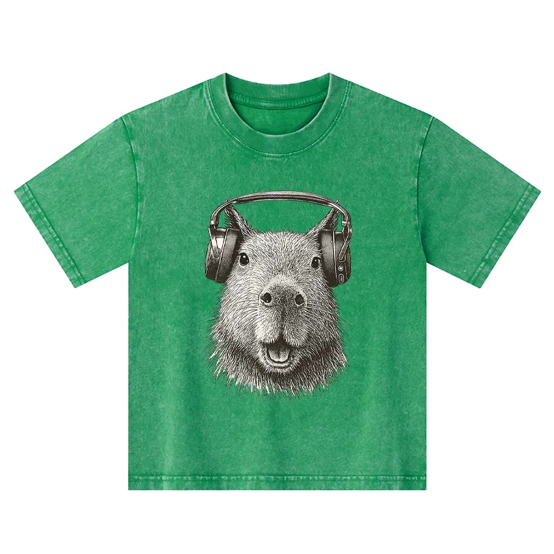 Tokyo-Tiger Capybara Listening To Music Kids Washed T-Shirt