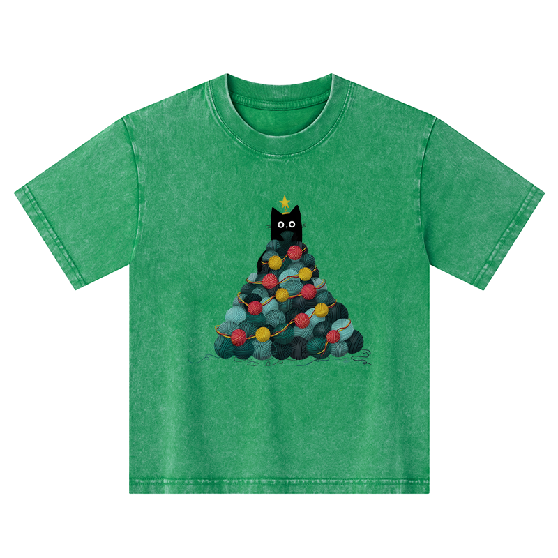 Tokyo-Tiger Yarn Christmas Tree Cat Kids Washed T-Shirt