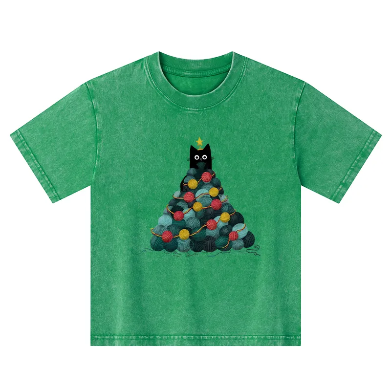Tokyo-Tiger Yarn Christmas Tree Cat Kids Washed T-Shirt