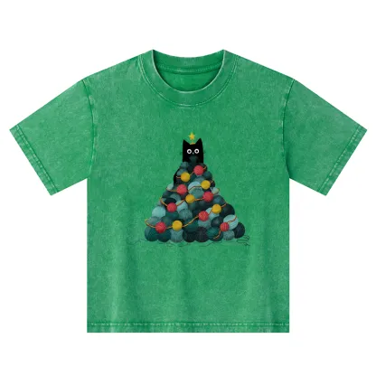 Tokyo-Tiger Yarn Christmas Tree Cat Kids Washed T-Shirt
