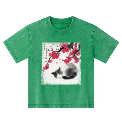 Tokyo-Tiger Ink Wash Painting: A Cat Lying Flat Under The Tree Kids Washed T-Shirt