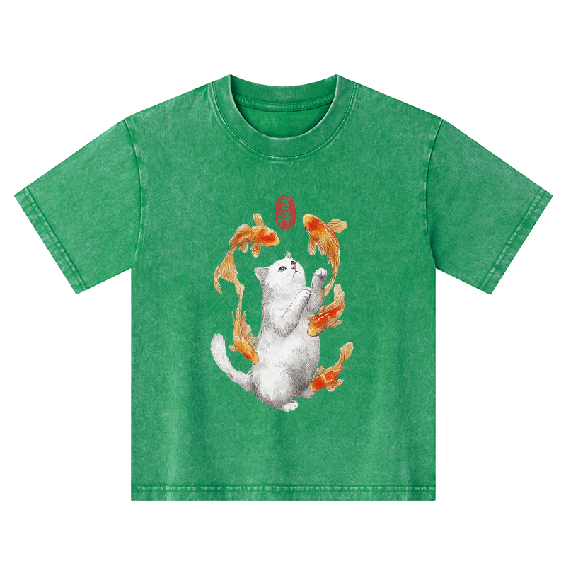 Tokyo-Tiger Zen Cat And The Dancing Fish Kids Washed T-Shirt