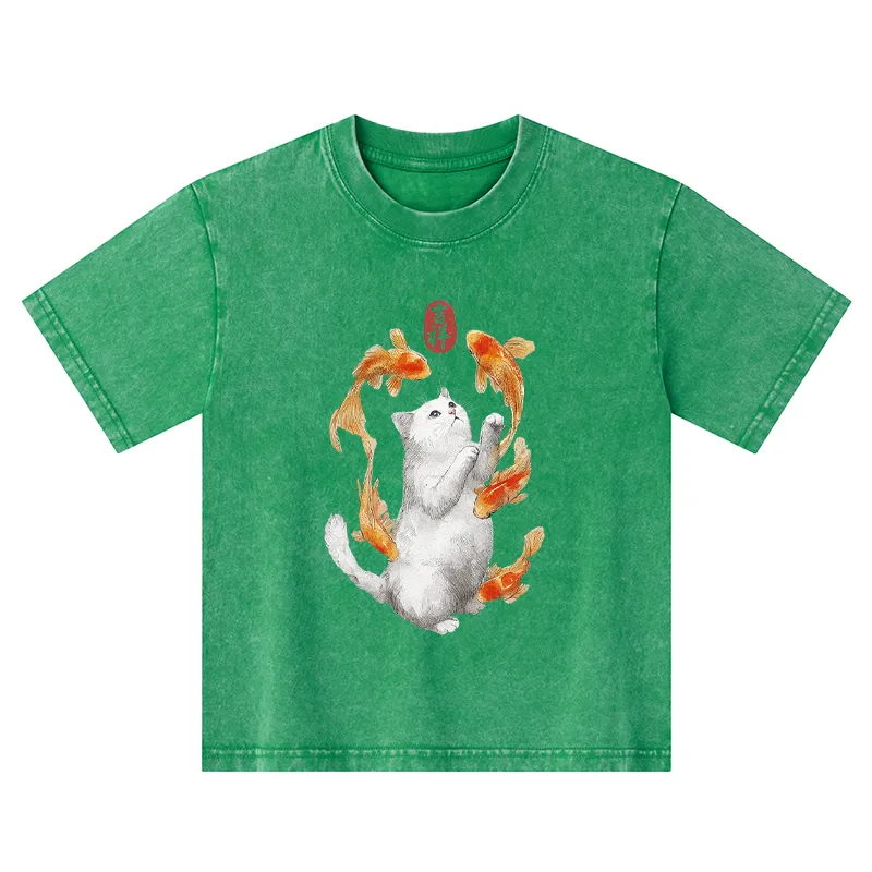 Tokyo-Tiger Zen Cat And The Dancing Fish Kids Washed T-Shirt
