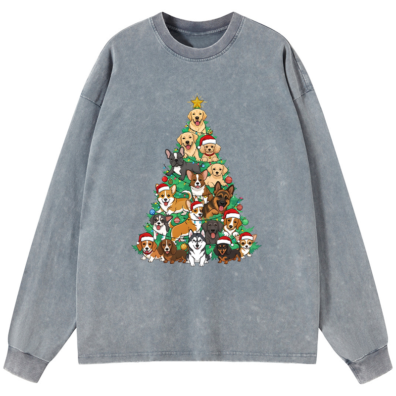 Tokyo-Tiger Christmas Tree Dog Funny Washed Long Sleeve T-Shirt