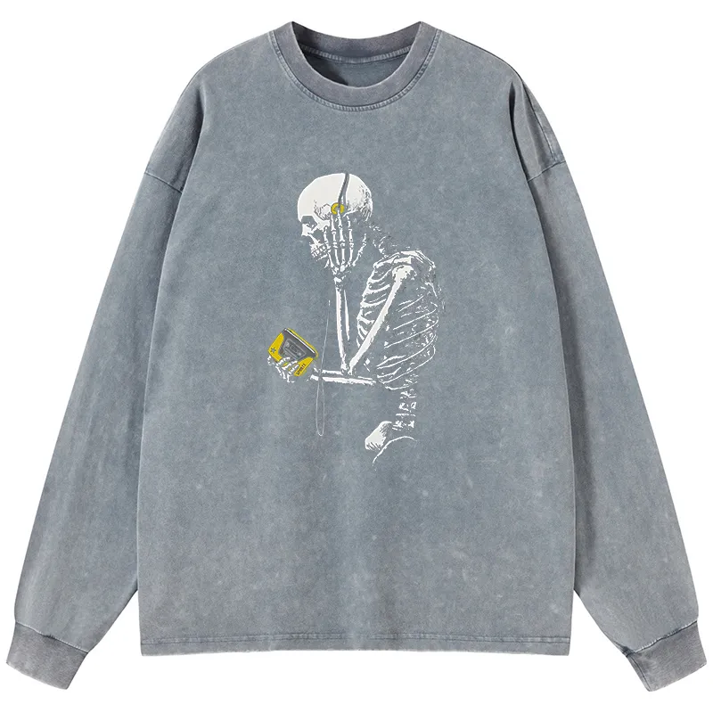 Tokyo-Tiger Skeleton Listening To Music Washed Long Sleeve T-Shirt